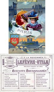 Parijs, voor- en achterkant van een promotiekaart voor Lefèvre-Utile (LU) biscuits, eind 19e eeuw door French School