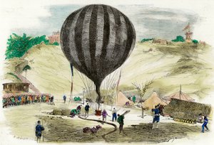 Belegering van Parijs in 1870: uitzicht op een van de ballonnen die werden gebruikt voor communicatie met de buitenwereld, geplaatst op Place Saint Pierre (Montmartre) in Parijs. Gravure uit 1870 Privécollectie door French School
