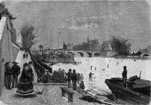 Parijs, winter 1868: de bevroren Seine. Uitzicht op de rivier ter hoogte van de Pont Neuf. Gravure in 