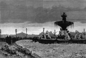 Parijs onder de sneeuw, winter 1879-1880: zicht op een van de fonteinen van Place de la Concorde tijdens de vorst. Gravure door Scott in 