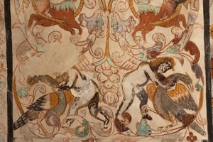Parochiekerk (Església de la Mare de Déu de Solers). Interieur. De beuken. Muurschilderingen. (detail) 16e eeuw (?) door French School