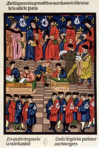 Parijse commerciële verkeer: de prévôts van kooplieden en échevins, de transplantatie, de ontvanger, de aanklager, de griffier, de goederen sergeanten... - facsimile van een miniatuur uit de Middeleeuwen door French School