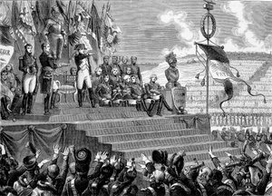 Feest in de kampen van Boulogne: Napoleon I consul. Gravure - in 