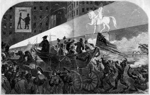 Feest in de straten van New York (New York) ter viering van de installatie van de trans-Atlantische telegraafkabel tussen de Verenigde Staten (Verenigde Staten) en Engeland in 1858. Gravure in Le Monde Illustré nr. 79 van 16 oktober 1858