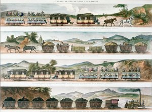 Passagiers en vracht op de eerste Franse lijn geopend tussen Lyon en St. Etienne, 1829 (kleur litho)