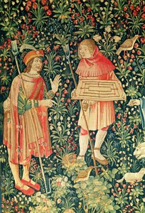 Boer die een jeu de marelle bord draagt, uit Jeu de Marelle et Cueillette de Fruits, Loire Werkplaats, 1510 door French School