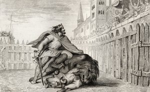 Pepijn III (714-68) de Korte met de leeuw en de stier, uit 
