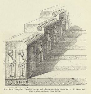 Persepolis, Detail van borstwering van trap van paleis nr. 2 (gravure)