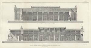 Persepolis, Hal van Honderd Zuilen, geometrische elevatie en longitudinale doorsnede, gerestaureerd door Ch Chipiez door French School
