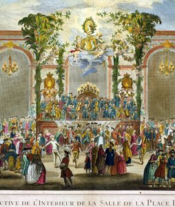 Perspectiefweergave van het interieur van de kamer van de Place Dauphine