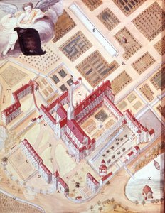 Perspectiefzicht op de abdij van Port Royal des Champs (Port-Royal-des-Champs) vanuit vogelperspectief. 18e-eeuwse gouache tekening. Versailles Museum door French School