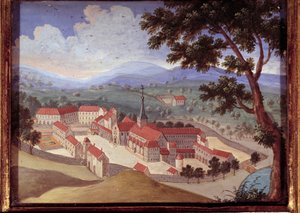 Perspectiefzicht op de abdij van Port Royal des Champs. Anoniem schilderij uit de 18e eeuw. Port Royal, Musée Des Granges door French School