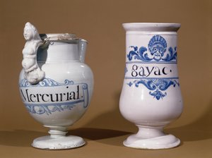 Farmaceutische potten voor Mercurial en Gayac, twee medicijnen gebruikt voor de behandeling van syfilis, eind 17e eeuw of begin 18e eeuw (keramiek)