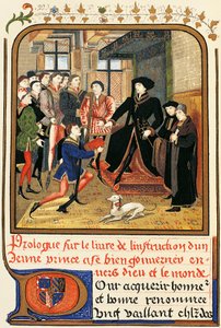 Filips de Goede (1396-1467) onder baldakijn, ets uit Instruction jeune prince, in Dictionary of Furniture and Decoration, Henry Havard, Volume II door French School