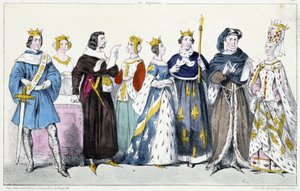 Filips VI van Valois, Jeanne van Bourgondië, Jan II de Goede, Jeanne van Boulogne, Jeanne van Bourbon, Karel V de Wijze, Karel VI, Isabeau (Isabella, Elizabeth) van Beieren (1371-1435) door French School