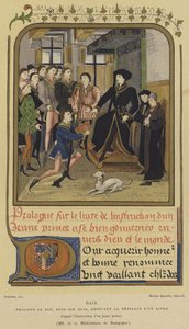 Filips de Goede, hertog van Bourgondië, zittend op een podium en ontvangt een boek, 15e eeuw