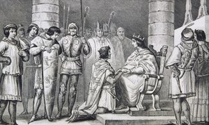 Philippe VI (1293-1350) de Valois brengt hulde aan Edward III (1312-77) van Engeland maar alleen als hertog van Aquitanië, uit 