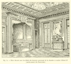 Kamer versierd met de overblijfselen van het houtwerk afkomstig uit de slaapkamer van Hendrik IV, voormalig museum van de Soevereinen door French School