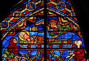 Pelgrims en een engel bij het graf van Thomas Becket door French School