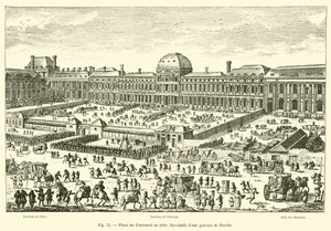 Place du Carrousel in 1680, fac-simile van een gravure van Perelle door French School