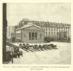 Place du Parvis in 1877, en ingang van het Hotel-Dieu, Zicht vanaf hetzelfde punt als de vorige door French School