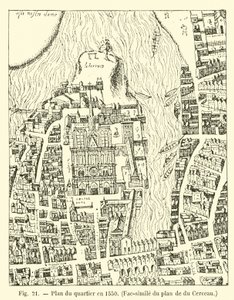 Plattegrond van de wijk in 1550, Facsimile van het plan van du Cerceau door French School