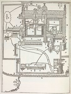 Plan van het Benedictijnenklooster in Canterbury in de 12e eeuw, uit Militair en Religieus Leven in de Middeleeuwen door Paul Lacroix, gepubliceerd in Londen ca. 1880
