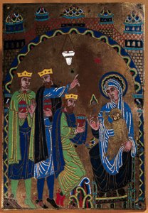 Plaquette van het hoofdaltaar van de Abdij van Grandmont: Aanbidding der Wijzen. Emaille verguld en gegraveerd op koper. 1275-1300. Uit Limoges. Parijs, Nationaal Museum van de Middeleeuwen, Thermen van Cluny door French School