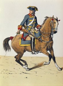 Politieagent van ca. 1750 te paard, 19e eeuw (kleurengraving)