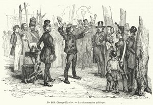 Politieke goochelaar op de Champs Elysees, Parijs (gravure) door French School