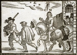Politieke pamfletten Mazarinade: Mazarin vlucht uit Parijs te paard, midden in de nacht, voorafgegaan door twee knechten die lantaarns dragen. Houtsnede 1651 door French School
