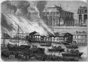 Brandweerlieden proberen de brand van de zwemschoolboten op het kanaal Saint Martin in Parijs te blussen, op 5 januari 1864. Gravure in "Le Monde Illustre" n°553 du 16 janvier 1864. door French School