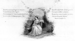 Arme Jacques. Meisje alleen zittend op een bank, met een hark in de hand. Gravure in "Chants et chansons populaire de la France", Deel 2