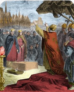 Paus Alexander III (Orlando Bandinelli) legde in 1163 de eerste steen van de kathedraal van Notre Dame de Paris (Notre-Dame) in aanwezigheid van koning Lodewijk VII van Frankrijk en de bisschop Maurice de Sully. door French School