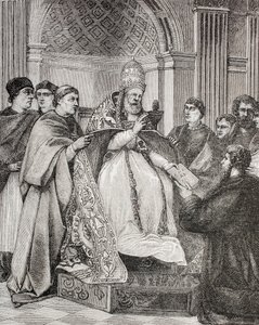 Paus Gregorius IX overhandigt de Decretalen aan een advocaat van het Consistorie, uit 