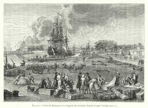 Haven van Rochefort, Het magazijn van de koloniën; naar Joseph Vernet XVIIIe eeuw (gravure)