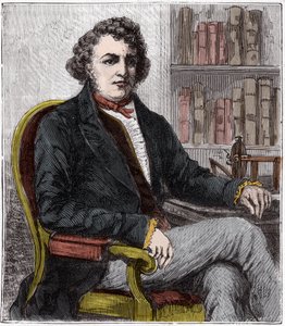 Portret van Andre Marie Ampere (1775-1836) Franse natuurkundige - Andre-Marie Ampere (1775-1836), Franse natuurkundige en pionier van de elektrodynamica - Gravure in "Wetenschappen binnen het bereik van iedereen - natuurkunde en chemie populair" door Alexi door French School