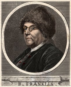 Portret van Benjamin Franklin (1706-1790) Amerikaanse drukker, uitgever, wetenschapper, uitvinder, staatsman en diplomaat - Portret van Benjamin Franklin (1706-1790), Amerikaanse natuurkundige, filosoof en politicus - Gravure in 