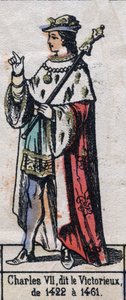 Portret van Karel VII van Frankrijk, bekend als Karel de Overwinnaar of Karel de Goed Gediend (Capetische dynastie). Illustratie eind 19e eeuw. door French School