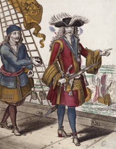 Portret van Jean Bart (1650-1702) met een brandende lont in zijn mond tijdens een zeeslag (kleurgravure) door French School