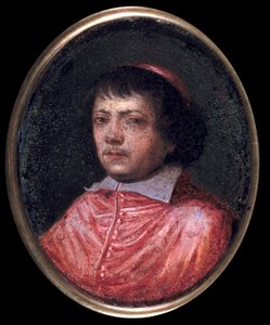Portret van Jean Francois Paul de Gondi (1614-1679) Kardinaal de Retz, Coadjutor van de Aartsbisschop van Parijs, Kardinaal in 1651. Miniatuurschilderij uit de 17e eeuw. Chantilly, Condé Museum door French School