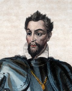 Portret van Lodewijk I de Bourbon, prins van Conde (1530-1569), Hugenotenleider en generaal. door French School