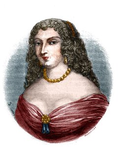 Portret van juffrouw de la Fayette (Louise de La Fayette 1618-1665), minnares in titel maar zonder functies van koning Lodewijk XIII gezien de impotentie van de heer. Gravure in 