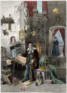 Portret van Nostradamus, Michel de Notre Dame (1503-1566), Franse astroloog en arts met Catherine de Medici (1519-1589) - 19e eeuw (gravure)