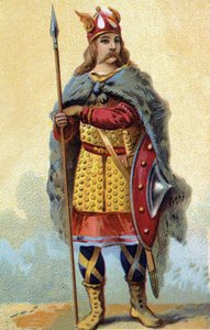 Portret van Pharamond, koning van de Salische Franken (regeerperiode tussen 420-428). Chromolithografie rond 1890.