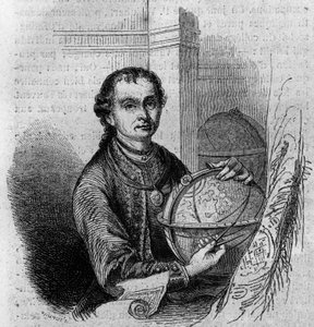 Portret van Pierre (Peter) Anich (1723-1766), Tiroler astronoom en cartograaf, met een globe en een kompas. Gravure in 