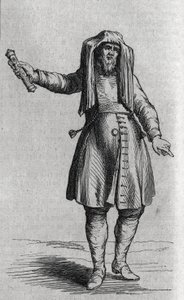Portret van een Joodse man die de Mezuzoth (Mezouzoth, Mezouzah, Mezouza) vasthoudt. Gravure in 