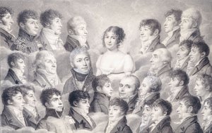 Portret van een jonge dame omringd door haar bewonderaars door French School