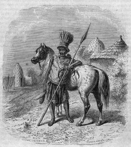 Portret van een leider van de Mousgou-stam in Centraal-Afrika, midden 19e eeuw. Gravure door Freeman in 