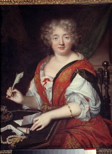 Portret van een vrouw die schrijft, voorheen geïdentificeerd als Madame de Sévigné. Het zou Marie de Rabutin-Chantal zijn, markiezin de Sévigné, vrouw van brieven. Ze draagt een armband op halve armlengte. Anoniem door French School
